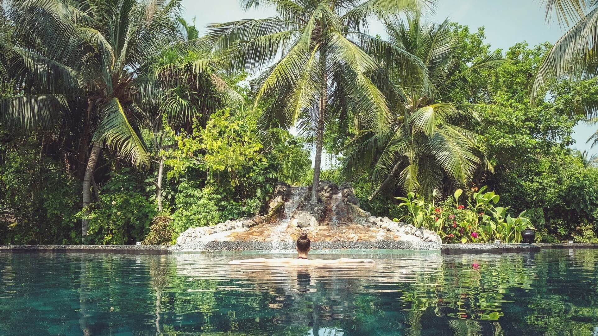 Woman in Pool Looking at Palm Tree