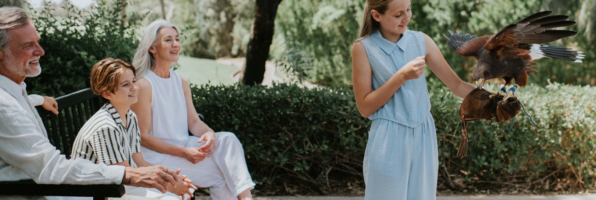 A family watching on as a falcon rests on their daughter's arm at JA resorts and hotels