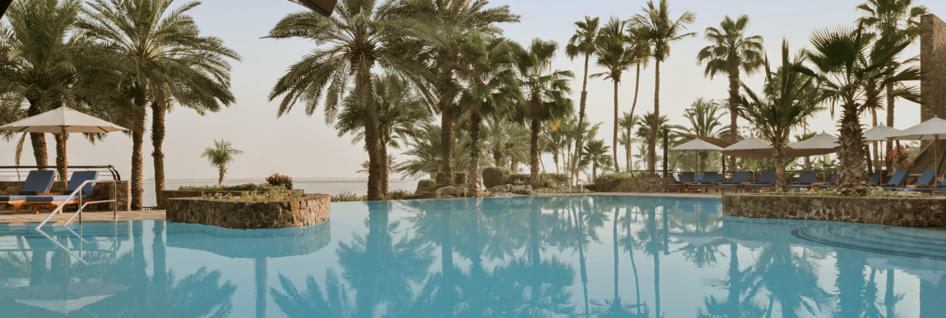 Luxury beachfront infinity pool with palm trees overlooking the Arabian Gulf